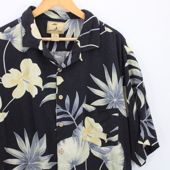 Jamaica Jaxx Hawaiian Silk Shirt Mens Black Button Down Floral Short Sleeve Sz L - Picture 2 of 9